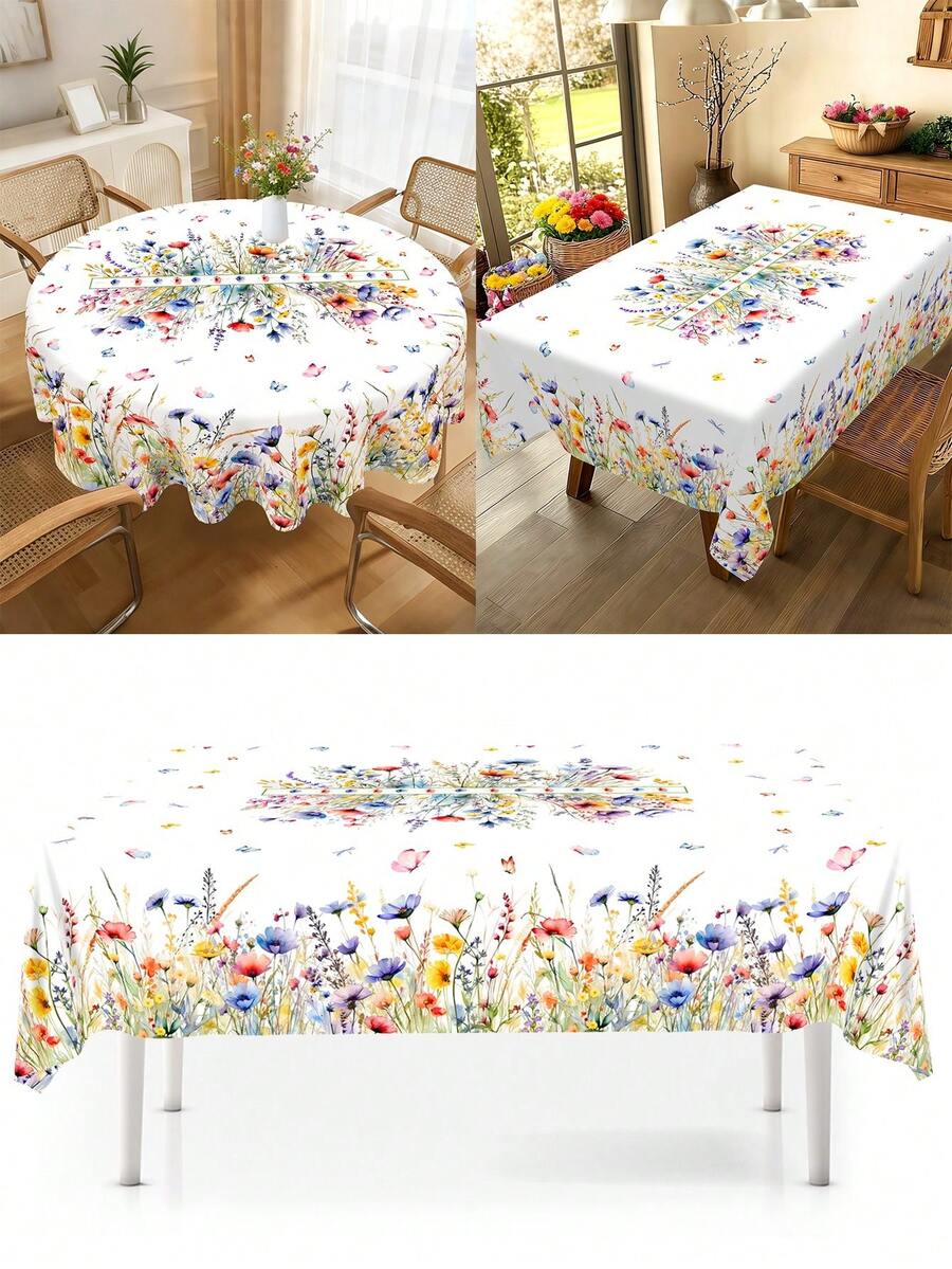 1pc Spring Wildflowers Tablecloth - Polyester Butterfly Design Rectangular/Round Tablecover For Birthday Party Supplies, Kitchen Dining Room Table Decor, Festive Spring Summer Holiday Indoor/Outdoor Decor