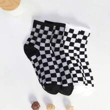 1/2/4/6 Pairs Women Checkerboard Patterned Crew Socks, Personalized Casual Socks Suitable For All Seasons, Couples, Outdoor, Parties, Gifts, Goth, Back To School, Tights, Soft, Breathable, Fall Socks - Black and White - View 8