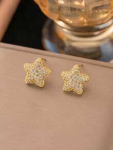 3件套简约不锈钢女士星星项链耳环套装，时尚法式嘻哈风格，休闲百搭，适合日常佩戴、街头风、情人节、派对、节日礼物 - 金色 - 查看 2