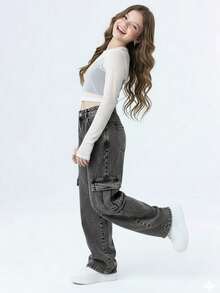 Cargo Wide Leg Jeans For Girls, Charcoal Graphite Marbled Black With Pocket, Chic, Stylish, Streetwear, Tumblr - 黑色 - 查看 4