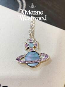 Vivienne Westwood 1PC Violet Rina Collection Grey Mother-of-Pearl Saturn Necklace, Silver-Tone, Brass with Rhinestone Embellishment - 銀色 - 查看 10