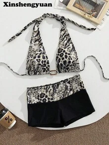 2件套/新年/情人节性感优雅女士挂脖豹纹比基尼上衣搭配黑色泳裤，中等弹力，中间饰有长方形玉树脂摆件，欧美时尚，适合度假海滩、泳池、休闲郊游、海边派对等场合的奢华比基尼套装 - 彩色 - 查看 10