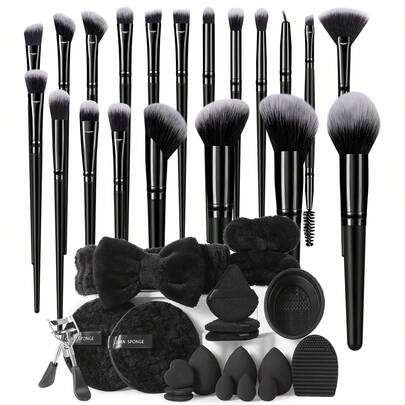 40PCS Makeup Tools Set Including:20PCS Makeup Brush Set+1pc Hairband+2PCS Hand Bowl Strap+2PCS Facial Cleansing Sponges+3PCS Triangle Powder Puffs+2PCS Makeup Brush Cleaning Tools+3PCS Makeup Sponges+3PCS Mini Makeup Sponges+3PCS Mini Air Cushion Powder Puffs+1pc Eyelash Curler,All-In-One & Beginner-Friendly | Travel-Ready & Gift-Ready | Perfect For Newbies/Her