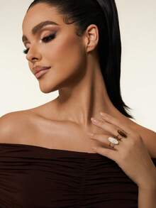 Altistry 2 st rostfritt stål guldfärgad öppen ring med vita och tigeröga stenar, lämplig för smycken eller presenter för kvinnor - Gult guld - Visa 4