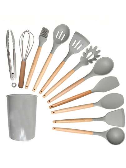 12pcs Silicone Cooking Utensil Set - Non-Stick Pots And Pans Spatula Set With Wooden Handle, Including Scraper, Turner, Spoon, Tongs, Whisk, Silicone Kitchen Utensils, Non-Stick Cookware With Wooden Handle, Kitchen Tools Include Baking Supplies And Hanging Storage, 12pcs Silicone Cooking Set (With Storage Bucket) - Heat Resistant Non-Stick Cooking Tools