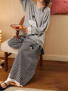 2pcs Disney Magic Mickey Mouse Cotton Plaid Long Sleeve Pajama Set For Women, Spring/Autumn - Grey - View 3