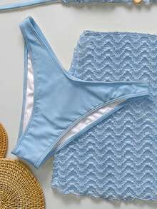 Bikinx 3pcs/Set Women Wavy Pattern Sexy Halter Bikini Swimsuit With Beach Dress, Vacation Swimwear Set - Dusty Blue - View 6