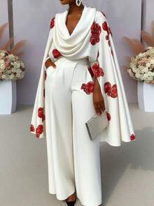 Printed Stacking Collar Long Sleeve Two-Piece Trousers Set - White - View 1