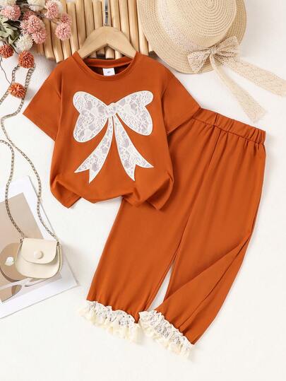 2pcs/Set Young Girls' Lace Bow Round Neck Short Sleeve Top + Casual Lace Patchwork Wide Leg Pants Loose Suit, Summer