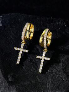 1 Pair Unisex Street Style Cross Pendant Earrings, Minimalist Smooth Surface, Fashion Double Circle Luxury Zirconia Cross Drop Earrings, Unisex Hiphop Versatile Earrings Suitable For Religious, Party, Festival And Daily Wear - Multicolor - View 5