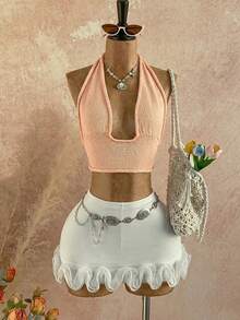 Women's Summer New European And American Style Solid Color Mesh Shoulder Exposed Sexy Backless Casual Vacation Camisole Knit Top, Versatile Style, Can Be Worn Front Or Back - Coral Pink - View 10