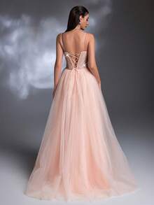 A Nude Pink Beaded Embroidered Spaghetti Strap Tulle Maxi Skirt Lace-Up Fairy Elegant Evening Gown - Dusty Pink - View 2
