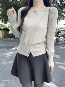 Versatile Crew Neck Long Sleeve Knit Sweater For Women - Light Grey - View 6
