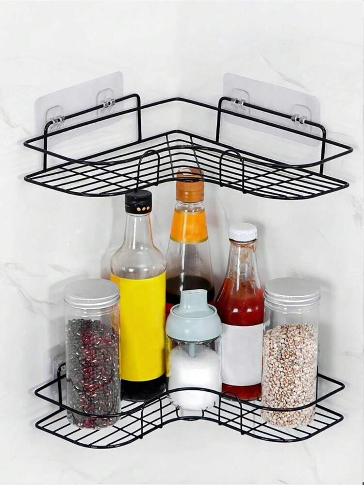 1/2pcs Black Triangle Multi-Purpose Self-Adhesive Wall Mounted Corner Storage Rack, Bathroom Organizer, Kitchen Storage, Cosmetic Hanging Shelf - Back Sticker *2 - View 2