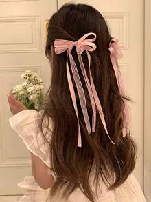 2个芭蕾舞风格蕾丝蝴蝶结发夹，甜美公主鸭子夹刘海发夹 - 粉色 - 查看 1