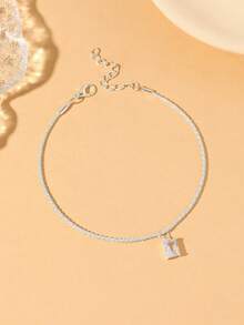 1pc Fashionable Minimalist Square Glass Pendant Copper Plated Silver Anklet, Suitable For Beach, Daily Wear, Birthday, Holiday, Vacation Gift - Silver - View 3