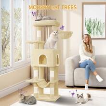 HEXCELEN Cat Tree, 149cm, With 5 Scratching Posts, Large Platforms, Hiding Cave, Multi-Level Cat Activity Center, Pom-Poms, Beige - Beige - View 3