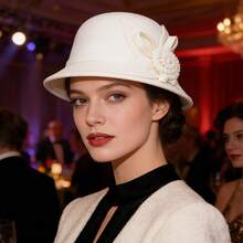 Women Cloche Hat Beret Hat French Vintage Floral Fedora Bucket Hat Bowler Hats Classic Winter Hat 1920s - 米色 - 查看 5