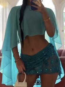 Womens Sheer Mesh Poncho Tops Solid Color Bat Sleeve Round Neck Loose Fit See Through T Shirt Crop Top Blouses Boho Chiffon Peplum Shawl Cropped Shirts Summer Beach Cover Up Going Out Tops Vacation Streetwear - Màu xanh lam - Xem 3