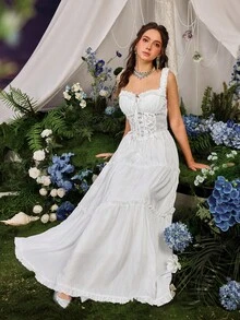 Faeriesty 女士仙女风吊带中长连衣裙 - 采用透气面料，胸部饰有刺绣图案，裙摆飘逸荷叶边，非常适合约会、度假或作为伴娘礼服。 - 白色 - 查看 7