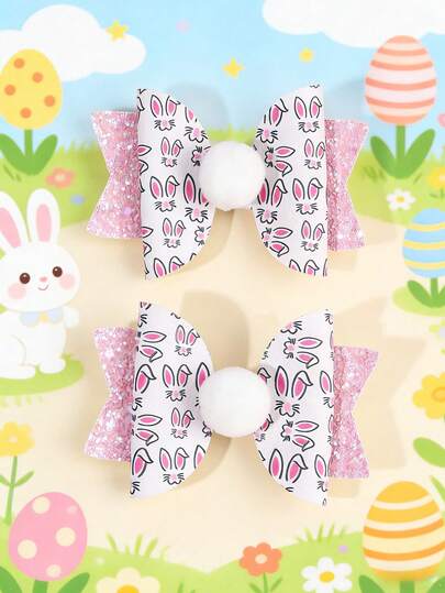 2 piezas Pinzas para el cabello con moño de Pascua para niñas, moños para el cabello con estampado de orejas de conejo blanco y rosa, pasadores para el cabello con brillos con forma de conejo, pinzas de compresión con pompones, accesorios para el cabello lindos para regalos de fiesta de niñas