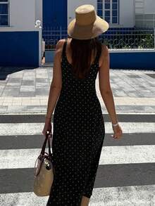Onas棕色波点无袖A字连衣裙，优雅精致。适合办公室、休闲、度假、户外摄影和派对等场合。标准尺码。春夏连衣裙。派对 - 彩色 - 查看 3