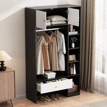 Compact Hallway Wardrobe In Black And White, Wardrobe Set With 2 Doors, 6 Compartments, Clothes Rail & Drawer, Dimensions: 105x185x40cm - Black and White - View 4