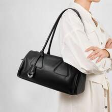 Genuine Leather Black Duffle Bag, Women's Fashion Minimalist Shoulder Bag, Versatile Convertible Top Handle Commuter Purse With Metal Accent - màu đen - Xem 1