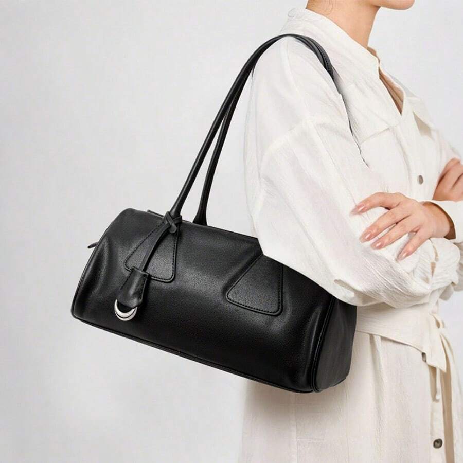 Genuine Leather Black Duffle Bag, Women's Fashion Minimalist Shoulder Bag, Versatile Convertible Top Handle Commuter Purse With Metal Accent - màu đen - Xem 1