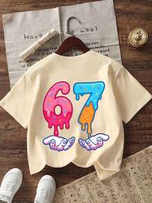 Tween Girl "67" Ice Cream Cartoon Print T-Shirt, Fashionable Summer Top For Girls - Apricot - View 5