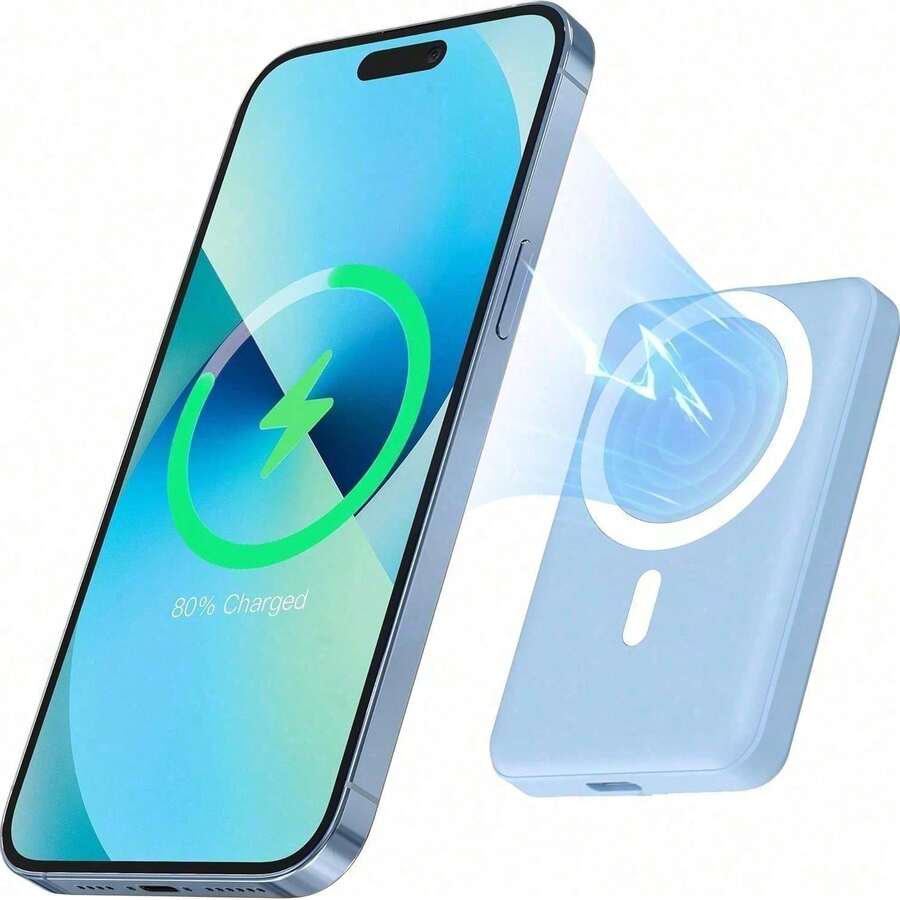 Fast Charging Portable Power Source Ultra Slim 5000mAh Magnetic Power Bank With Wireless Charging Support Up To 15W And USB-C PD 20W Fast Charge, Lightweight Mini Portable Charger With Magnetic Ring Included, Designed For On-The-Go Charging, Travel Essentials, Daily Commute And Outdoor Use Memorial Day Summer Kickoff - Blue - View 1
