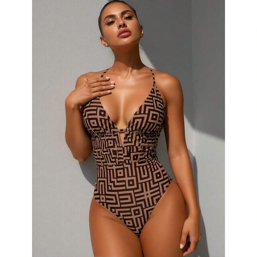Women's Halter Swimsuit Sexy Geometric Print One Piece Bathing Suit Removable Padded Swimwear For Teens Girls Athletic Training - 多色126 - 查看 1