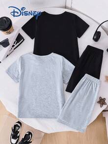 Disney Bộ 4 món áo thun ngắn tay và quần short in chữ Mickey Mouse cho bé trai, mùa hè; Bộ quần áo trẻ em dễ thương in hình báo đốm hoạt hình, màu trơn, cạp chun. - Nhiều màu - Xem 2