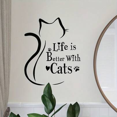 1/3 Sets Creative Text Wall Stickers, Minimalist Cat Silhouette "Life Is Better With Cats", Waterproof Vinyl Decals, Home Bathroom Decor, Gift For Animal Lovers