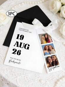 1/3 Tarjetas personalizadas a rayas para propuesta de dama de honor, personaliza fotos y texto, plantilla de tarjeta de propuesta de dama de honor, ¿Serás mi dama de honor? Tarjetas de propuesta con foto, estilo bohemio, rústico, caligrafía minimalista moderna para boda - Multicolor - Ver 9