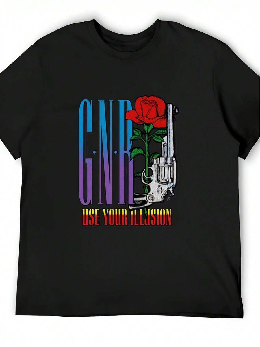 Camiseta gráfica para hombres - Camisa de algodón negra con diseño de revólver y rosa. Camiseta de cuello redondo transpirable para atuendo casual; eventos temáticos. Camisetas de Pistola Moda urbana. Estilo urbano. Ajuste cómodo. Camiseta estampada. Moda Masculina. Conjunto de fin de semana. Material absorbente de sudor. Jóvenes Adultos - Negro - Ver 1