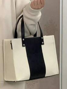 2026 New Minimalist Japanese Style Black & White Canvas Tote Bag, Large Capacity Student/Commute Shoulder Bag - Black and White - View 2