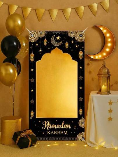 1件套斋月装饰派对拍照背景布，黑金星灯笼斋月祝福设计派对背景装饰道具，开斋节庆祝悬挂装饰横幅，斋月祝福拍照道具，斋月祝福礼物，斋月装饰用品，斋月派对背景悬挂装饰，派对礼物