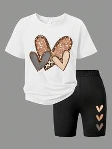 Bộ 2 món áo ngắn tay rộng rãi cho bé gái, họa tiết trái tim da báo, quần short co giãn, trang phục mùa xuân/hè thời trang và vui tươi. - trắng - Xem 2