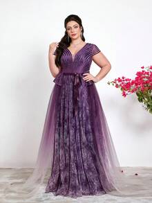 Mgiacy Purple Plus Size V-Neck Floral Mesh A-Line Dress With Sash Belt, Elegant Ladies Summer Ball, Wedding, Party, Holiday Dress - Purple - View 3