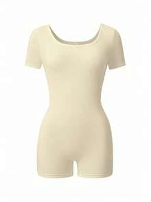 AiTyi 女款連身短褲，夏季 U 領簡約優雅黑色修身塑形運動舒適休閒性感戶外通勤百搭短袖連身褲，Y2K、Ins、時尚，海灘派對度假、外出假日穿搭、畢業返校、世界盃、日 - 淡黃色 - 查看 5