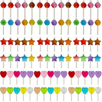 10个树脂棒棒糖吊坠，可爱糖果星星爱心棒棒糖吊坠，可爱钥匙扣吊坠，适用于DIY手链、项链、耳环等首饰制作