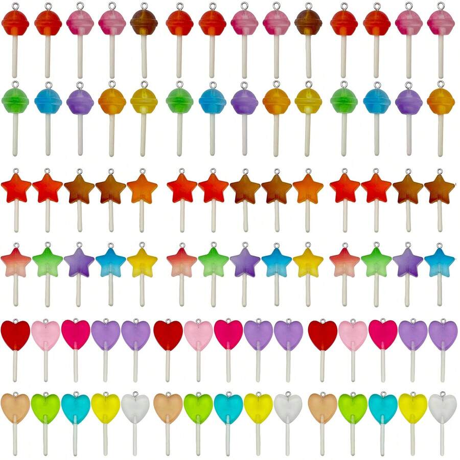 10个树脂棒棒糖吊坠，可爱糖果星星爱心棒棒糖吊坠，可爱钥匙扣吊坠，适用于DIY手链、项链、耳环等首饰制作 - 彩色 - 查看 1