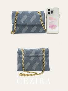 CEZIRA 女士斜挎翻盖包 优雅休闲时尚格子图案涤纶面料 磁扣金属链 女士方形单肩手提包 四季皆宜 百搭 适合大学、办公室、工作、约会和外出 - 藍色 - 查看 7