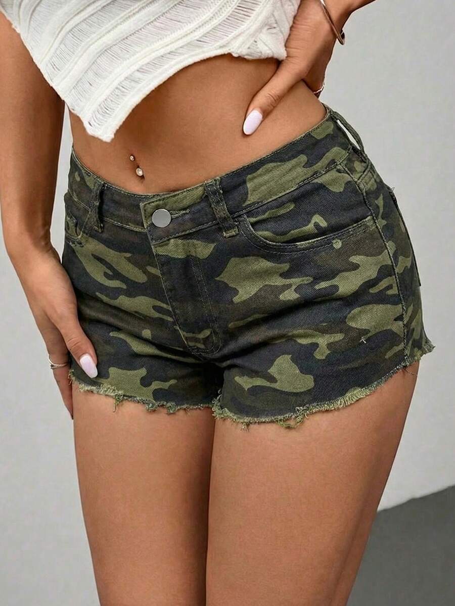 Quần short denim dáng ôm cạp thấp, họa tiết rằn ri, gấu quần rách, thích hợp cho kỳ nghỉ hè. - Màu Khaki - Xem 1
