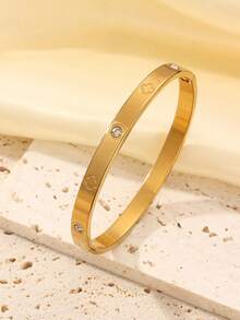 Fashionable Gold-Plated Four-Leaf Clover Rhinestone Bangle Bracelet, Versatile Stainless Steel Jewelry, Eid Al-Fitr Gift - Gold - View 3