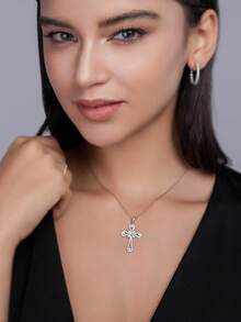 925 Sterling Silver Moissanite Cross Necklace, Women's Clavicle Chain, Hypoallergenic Minimalist Luxury Pendant, Gift Box Packaging, Gift For Girlfriend/Wife/Mother, Holiday/Birthday - Silver - View 4