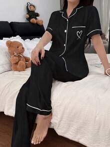 2pcs Striped Subtle Textured Satin Short-Sleeve And Pants Pajama Set - Spring/Summer Comfortable Casual Loungewear Set - Black - View 4
