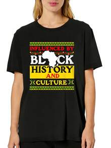 Plus Size Women's Vibrant Letter The Impact Of Black High School Culture On Black High School Month Print T Shirt Casual Crew Neck, Short Sleeve, Comfort Fit Top For Spring & Summer, Achine Washable Summer Vacation - Black - View 1