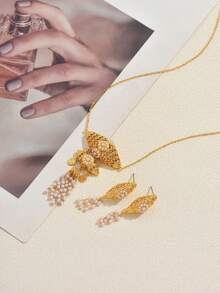 3pcs Set Hollow Geometric Beaded Tassel French Style Jewelry Set, Suitable For Women's Holiday Party Wear - Gold - View 3